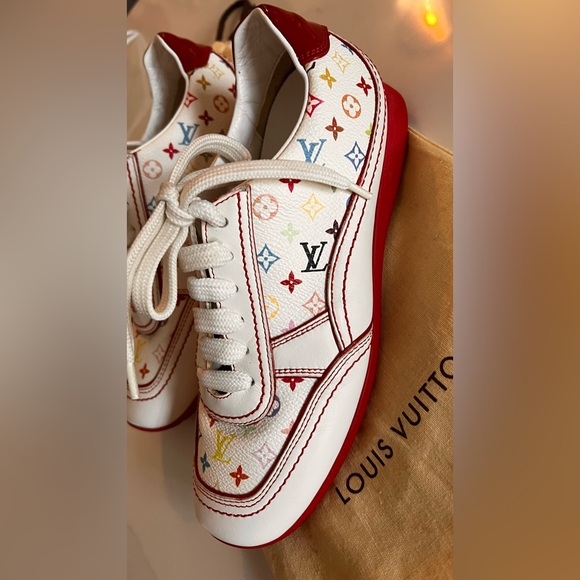 Louis Vuitton White and Red Monogram Sneakers - Picture 4 of 13